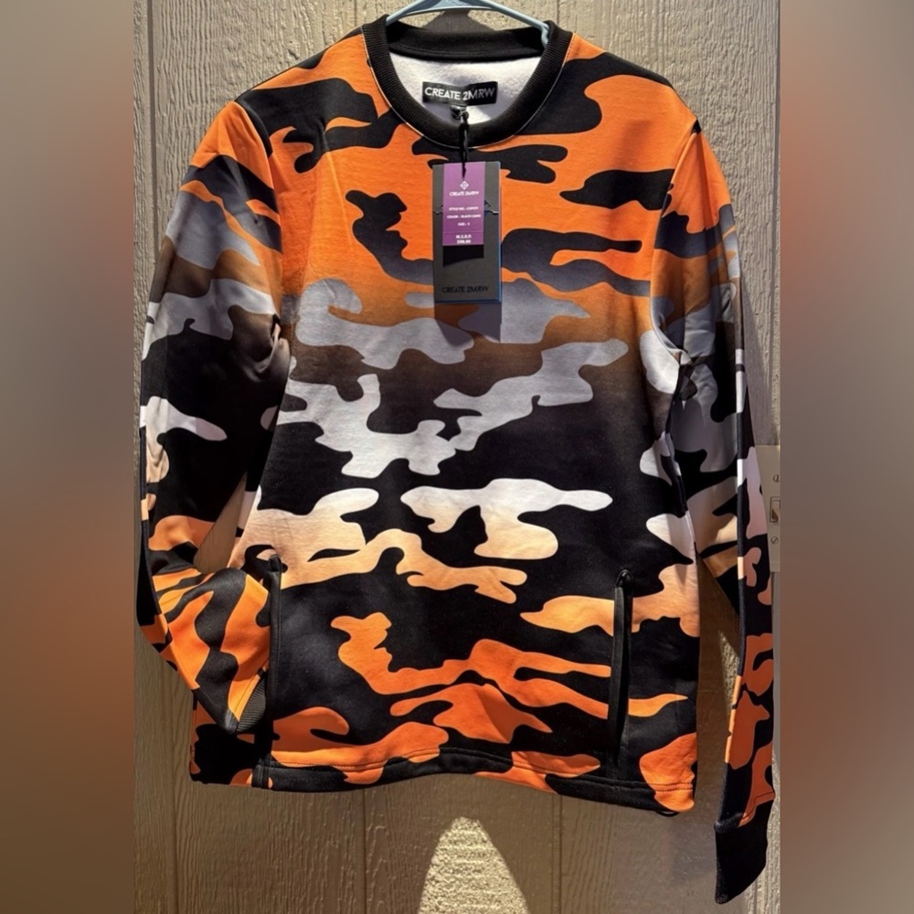 Create 2MRW Black Orange Camo Crewneck Sweatshirt Men’s Small NWT $98 MSRP